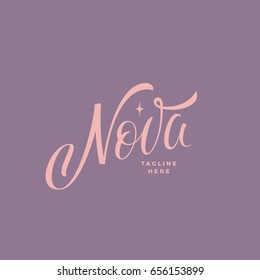 Nova Inscription Abstract Vector Sign, Emblem or Logo Template. Premium Quality Hand Drawn Lettering with Star Silhouette. Pink on Purple Background.