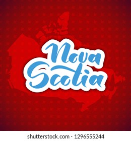 Nova Scotia. Hand drawn lettering of Canada's province for tourist signs, tourist map of the province.  Sticker with lettering in paper cut style. Unique freehand lettering.