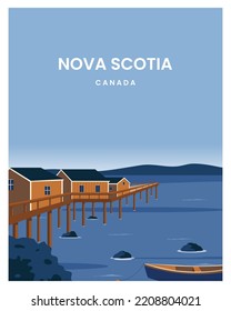 Nova Scotia landscape background. Travel to Nova Scotia Canada. cartoon vector illustration with colored style.