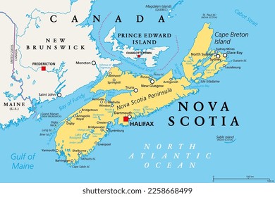 Nova Scotia, Maritime und Atlantische Provinz von Kanada, politische Karte. Kapbretonische Insel und Nova Scotia Halbinsel, mit Hauptstadt Halifax. Grenzen in der Bay of Fundy, Golf von Maine und Atlantik.