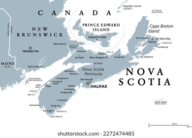 Nova Scotia, Maritime and Atlantic province of Canada, gray political map. Cape Breton Island and Nova Scotia Peninsula, with capital Halifax. Bordering on the Gulf of Maine and on the Atlantic Ocean.