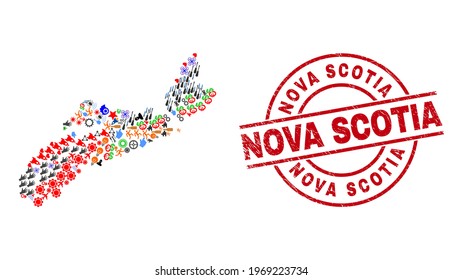Nova Scotia Province map mosaic and rubber Nova Scotia red circle stamp imitation. Nova Scotia stamp uses vector lines and arcs. Nova Scotia Province map collage contains helmets, houses,