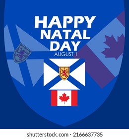 Nova Scotia state flag and Canada flag with bold text on blue background, Natal Day August 1