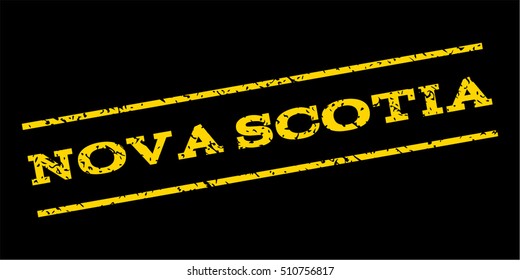 Nova Scotia watermark stamp. Text caption between parallel lines with grunge design style. Rubber seal stamp with scratched texture. Vector yellow color ink imprint on a blue background.