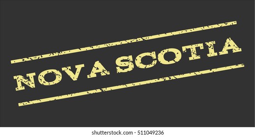 Nova Scotia watermark stamp. Text tag between parallel lines with grunge design style. Rubber seal stamp with dust texture. Vector khaki yellow color ink imprint on a gray background.