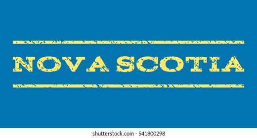 Nova Scotia watermark stamp. Text tag between horizontal parallel lines with grunge design style. Rubber seal stamp with unclean texture. Vector yellow color ink imprint on a blue background.