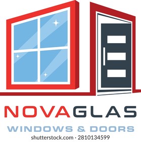 Novaglas Windows and Doors Logo Template – Modern Construction Badge with Red Frames and Glass Elements