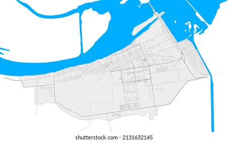 NovaKakhovka, Kherson Oblast, Ukraine high resolution vector map with city boundaries and outlined paths. White additional outlines for main roads. Many detailes. Blue shapes and lines for water.