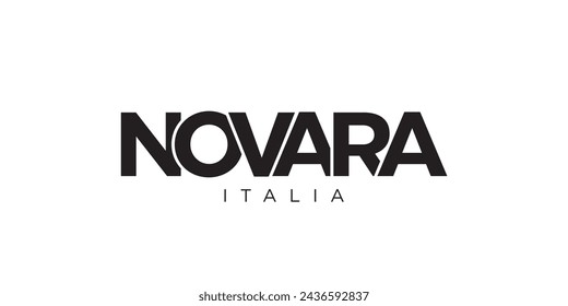 Novara en el emblema de Italia para impresión y web. El diseño presenta estilo geométrico, ilustración vectorial con tipografía audaz en fuente moderna. Letras de eslogan gráfico aislado sobre fondo blanco.