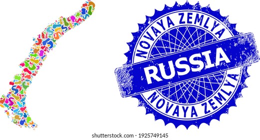 Novaya Zemlya Islands map abstraction. Blot mosaic map and rubber stamp for Novaya Zemlya Islands. Sharp rosette blue stamp seal with text for Novaya Zemlya Islands map.