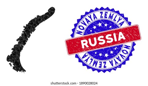 Novaya Zemlya Islands map polygonal mesh with filled triangles, and textured bicolor stamp imitation. Triangle mosaic Novaya Zemlya Islands map with mesh vector model, triangles have variable sizes,