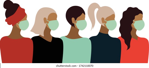 Novel 2019-nCoV coronavirus in china. Group of women wearing white medical face masks. Colourful concept vector illustration.