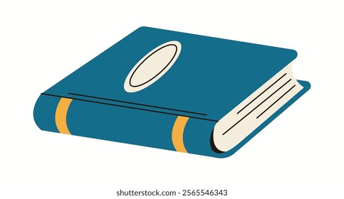 Novel book with blue hardcover flat color vector object. Reading hobby. Closed textbook in library illustration on white background