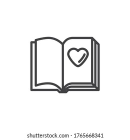 Novel book line icon. linear style sign for mobile concept and web design. Open book page with love heart outline vector icon. Symbol, logo illustration. Vector graphics