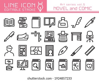 Novel and comic vector icon set.  Editable line stroke.