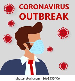 Novel corona virus disease (COVID-19), 2019-nCoV, MERS-Cov, handsome bearded man in suit with blue medical face mask and text - coronavirus outbreak