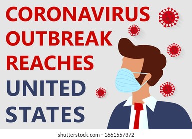 Novel corona virus disease (COVID-19), 2019-nCoV, MERS-Cov, handsome bearded man in suit with blue medical face mask and text - coronavirus outbreak reaches the United States