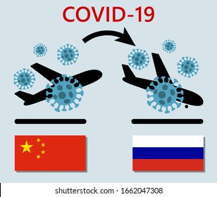 Novel corona virus disease Covid-19, 2019-nCoV, icon of departure of coronavirus-charged plane from China and arriving in Russia. Pandemic concept of international SARS infection