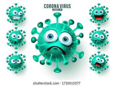 Novel corona virus emoticons vector set. Ncov covid19 virus emojis and emoticons with facial expressions for global viral infection. Vector illustration.
