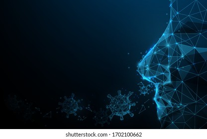 Novel Coronavirus 2019. Respiratory system. Head with coronavirus. Protect cover your sneeze. Low poly vector