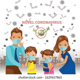 novel coronavirus 2019. Vector illustration of an outbreak of Wuhan concept. Families wearing surgical masks to prevent corona virusinfection. Negative gestures and emotions. Anxiety of people.