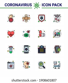 Novel Coronavirus 2019-nCoV. 16 Pulso del paquete de iconos de línea rellena de color plano; latir; seguro médico; enfermedad; corona viral coronavirus 2019-nov Elementos de diseño de vectores