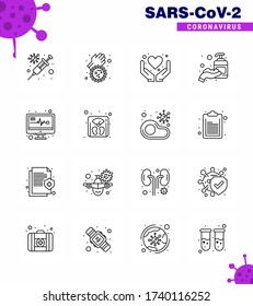 Novel Coronavirus 2019-nCoV. 16 Line icon pack medical monitor; sanitizer; care; hand sanitizer; corona viral coronavirus 2019-nov disease Vector Design Elements