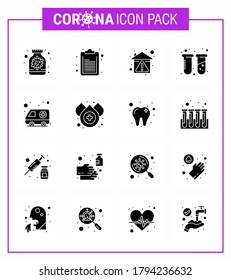 Novel Coronavirus 2019-nCoV. 16 Solid Glyph Black icon pack car; lab; hygiene; tubes; chemistry viral coronavirus 2019-nov disease Vector Design Elements