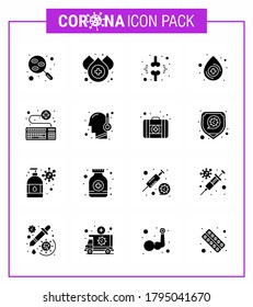 Novel Coronavirus 2019-nCoV. 16 Solid Glyph Black Icon Pack-Tastatur; medizinisch, Knochen; abfallen; Viruscoronavirus 2019-nov Krankheit Vektor Design Elements