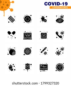 Novel Coronavirus 2019-nCoV. 16 Solid Glyph Black Icon Packung medizinische Tabletten; virusinfiziert; Hand; Ansicht; Virus-Coronavirus 2019-nov-Krankheit Vektor Design Elements