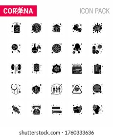 Novel Coronavirus 2019-nCoV. 25 Warnmeldung zu einem Solid-Glyph-Symbol; medizinisch, Wohnsitz; Hände; bleiben Sie zu Hause virales Coronavirus 2019-nov Krankheit Vector Design Elements