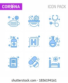 Novel Coronavirus 2019-nCoV. 9 Blue icon pack medicine; soap; diagnosis; handcare; bottle viral coronavirus 2019-nov disease Vector Design Elements