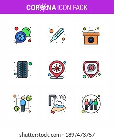 Novel Coronavirus 2019-nCoV. 9 Filled Line Flat Color icon pack covid; location; medical; pill; capsule viral coronavirus 2019-nov disease Vector Design Elements