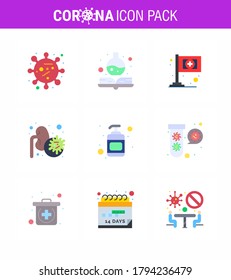 Novel Coronavirus 2019-nCoV. 9 Flat Color icon pack  bacteria; hand sanitizer; flag; lotion; lungs viral coronavirus 2019-nov disease Vector Design Elements