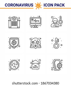 Novel Coronavirus 2019-nCoV. 9 Line icon pack  learning; virus; fever; disease; protection viral coronavirus 2019-nov disease Vector Design Elements