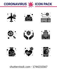 Novel Coronavirus 2019-nCoV. 9 Solid Glyph Black icon pack  magnifying; glass; tissue box; devirus; medical viral coronavirus 2019-nov disease Vector Design Elements