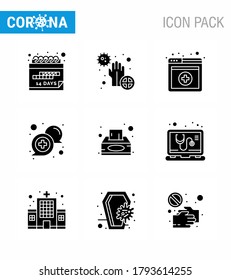 Novel Coronavirus 2019-nCoV. 9 Solid Glyph Black icon pack  box; online; bacteria; medical; chat viral coronavirus 2019-nov disease Vector Design Elements