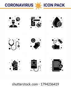 Novel Coronavirus 2019-nCoV. 9 Solid Glyph Black icon pack  washing; hands; blood virus; stethoscope; hospital viral coronavirus 2019-nov disease Vector Design Elements
