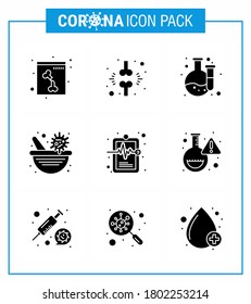 Novel Coronavirus 2019-nCoV. 9 Enfermedad del paquete de iconos de glifo sólido negro; salud; químico; vacuna contra virus; farmacia virus coronavirus 2019-nov Enfermedad Vector Elementos de diseño