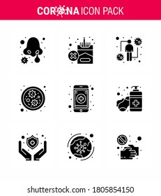 Novel Coronavirus 2019-nCoV. 9 Paquete de iconos en línea de Glifo Sólido Negro; virus; coronavirus; gérmenes; enfermedad viral coronavirus 2019-nov Elementos de diseño de vectores