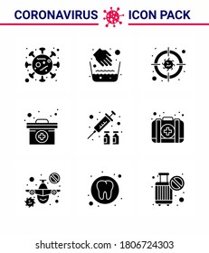 Novel Coronavirus 2019-nCoV. 9 Solid Glyph Black icon pack  protection; medicine; target; medical case; case viral coronavirus 2019-nov disease Vector Design Elements