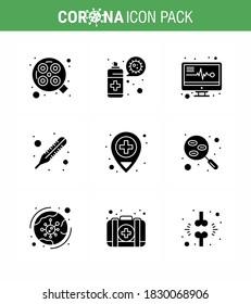 Novel Coronavirus 2019-nCoV. 9 Solid Glyph Black icon pack  blood; location; medical electronics; hospital; temperature viral coronavirus 2019-nov disease Vector Design Elements