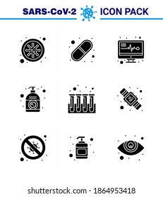 Novel Coronavirus 2019-nCoV. 9 Solid Glyph Black icon pack  experiment; hand sanitizer; medical electronics; hand; cream viral coronavirus 2019-nov disease Vector Design Elements