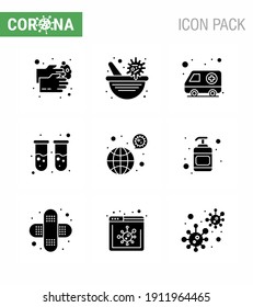 Novel Coronavirus 2019-nCoV. 9 Solid Glyph Black icon pack  worldwide; test tube; virus vaccine; blood test; transport viral coronavirus 2019-nov disease Vector Design Elements