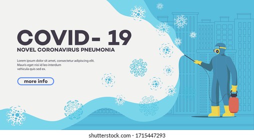 Novel coronavirus 2019-nCoV background. Sanitary worker in protective suits spreading chemicals on virus. Prevent coronavirus. Corona virus prevention. Virus Infection. Medical wallpaper. Quarantine