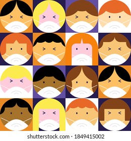 Novel coronavirus (2019-nCoV). Cartoon People in white medical face masks. Concept of coronavirus quarantine. Vector illustration in flat design