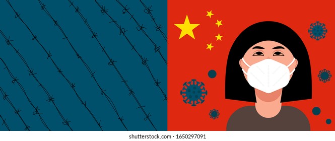 Novel coronavirus 2019-nCoV in China. Chinese woman in white medical face mask. Concept of coronavirus quarantine, forbidden crossing border. Virus infection