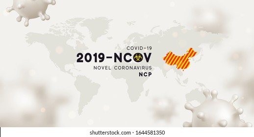 Novel Coronavirus (2019-nCoV). China pathogen respiratory coronavirus 2019-nCoV originating in Wuhan, Asia-China map infographics. Virus Covid 19-NCP. nCoV denoted is single-stranded RNA virus.