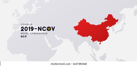 Novel Coronavirus (2019-nCoV). China pathogen respiratory coronavirus 2019-nCoV originating in Wuhan, Asia-China map infographics. Virus Covid 19-NCP. nCoV denoted is single-stranded RNA virus.