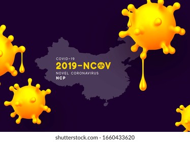 Novel Coronavirus (2019-nCoV). China pathogen respiratory coronavirus 2019-nCoV originating in Wuhan, Asia-China map infographics. Virus Covid 19-NCP. nCoV denoted is single-stranded RNA virus.